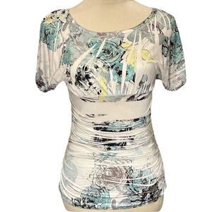 Y2K Byer California Green White Boatneck Ruched Floral Artsy Blouse Sz XL Fairy